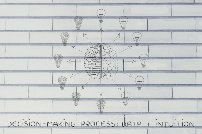 decision-making processes data plus intuition: artificial intelligence and human brain surrounded by circuit and normal lightbulbs (ideas) with arrows pointing out