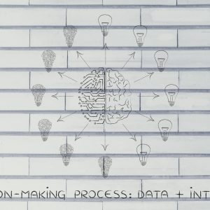 decision-making processes data plus intuition: artificial intelligence and human brain surrounded by circuit and normal lightbulbs (ideas) with arrows pointing out