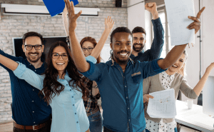 happy employees rewarded successful team excited celebrating