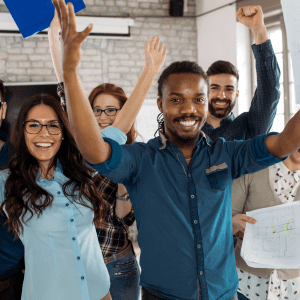 happy employees rewarded successful team excited celebrating