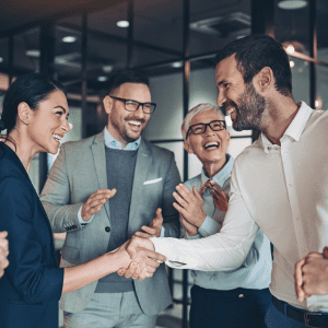 team happy shaking hands celebrate strategy leadership leaders engaging with employees value leader lead leadership employer brand