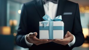 Hands of businessman in blue shirt holding gift box Business concept employee benefits