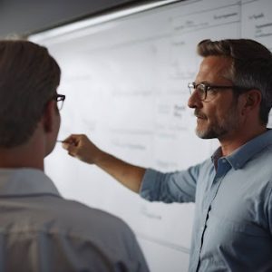 Leadership Brainstorm session with employees working on white board to make sure targets are being met while working together with each other lead