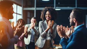 Employees Applauding to celebrate the success of what they have accomplished using Generative AI to help manage their talent happy work environment reward recognition culture positive clapping congratulate employees career hr departments