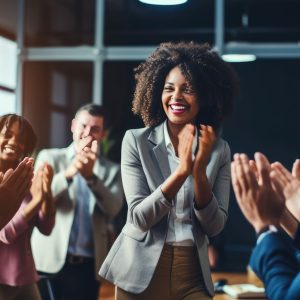 Employees Applauding to celebrate the success of what they have accomplished using Generative AI to help manage their talent happy work environment reward recognition culture positive clapping congratulate employees career hr departments