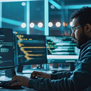 guy working with code and AI interface on a desktop computer He is a professional developer managing data on a networked server in a cloud based data center cloud storage