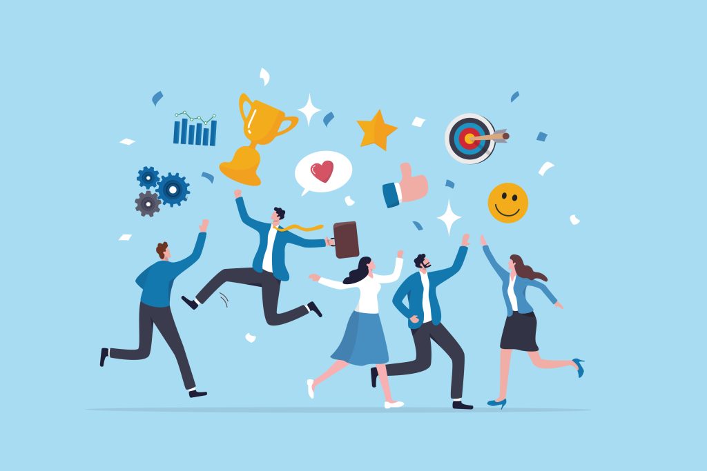 Employee engagement, work satisfaction or happiness, company commitment or employee appreciation, wellbeing or inclusive concept, happy business people employees jump with work engagement elements.