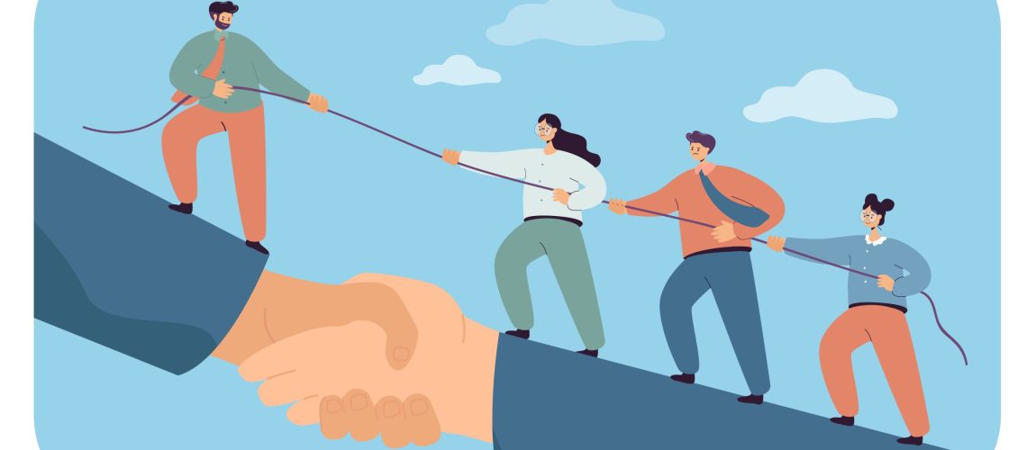 Business team climbing giant handshake with support of leader. Flat vector illustration. Cooperation of employees striving for success and career achievements. Leadership, teamwork, growth concept