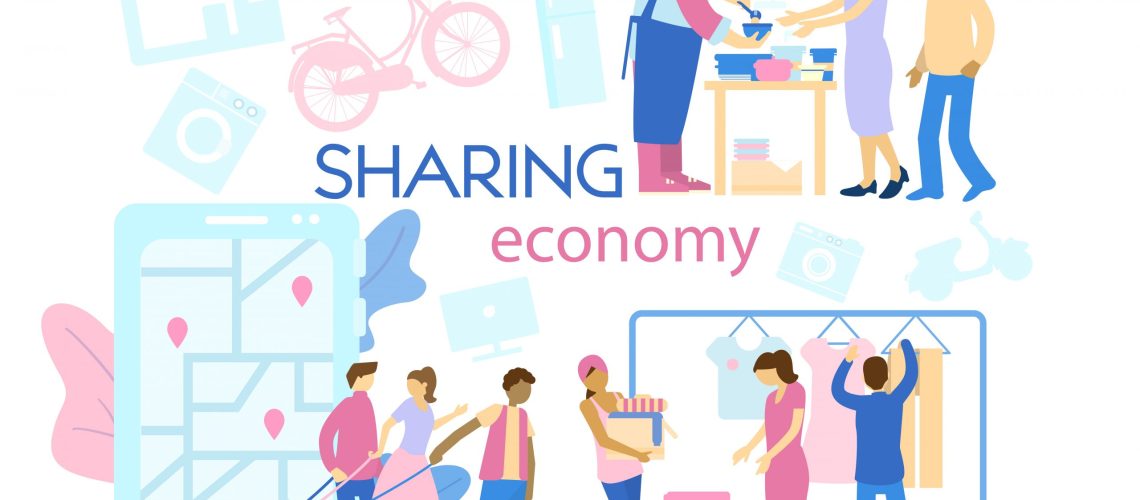 Sharing economy concept banner. Different ascpects of sharing economy: car sharing, food and clothes donation.