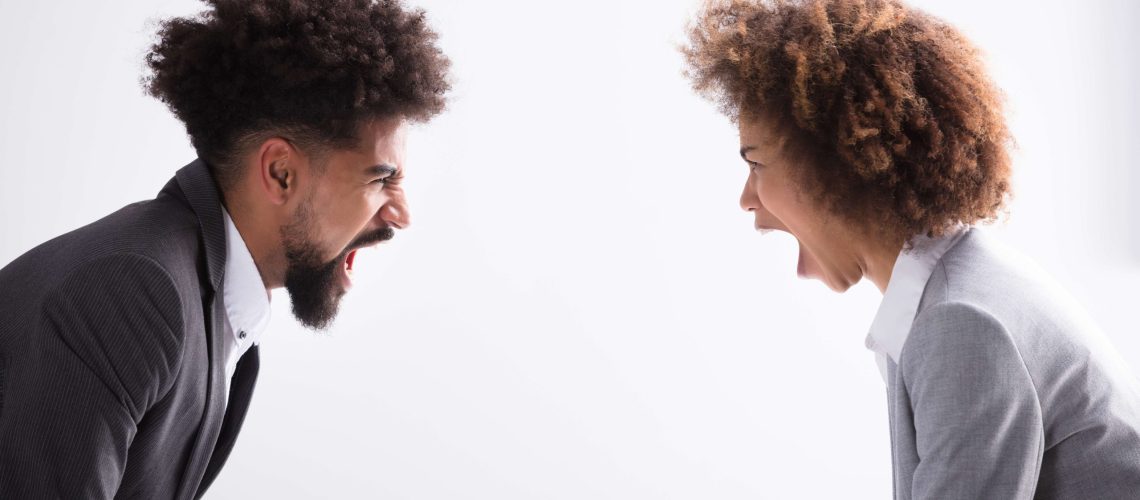 two angry employees shouting businessman businesswoman